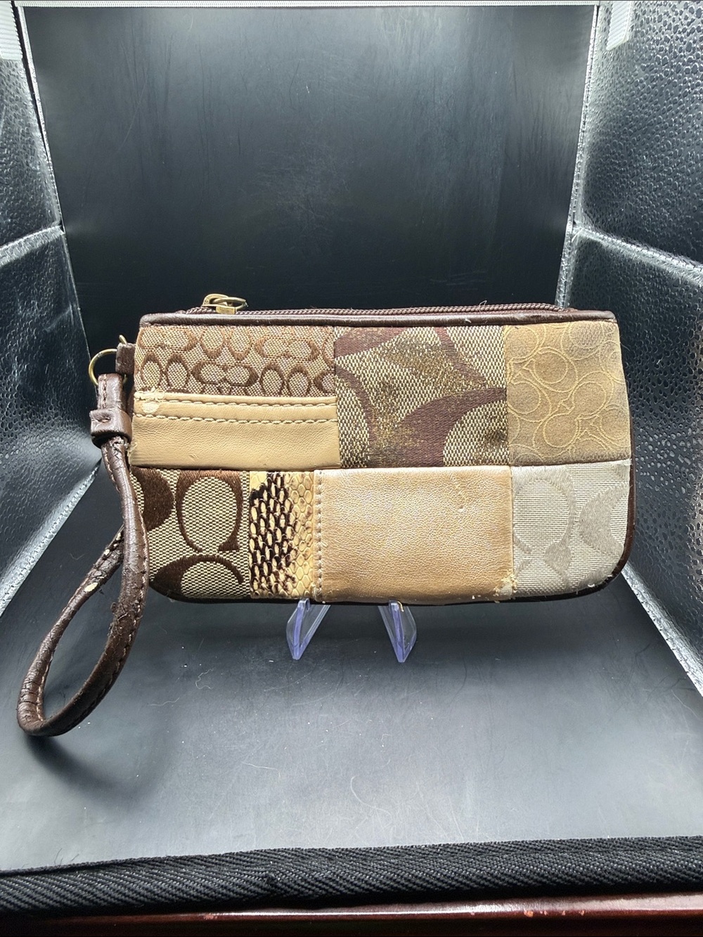Coach Patchwork Wristlet in Brown & Beige